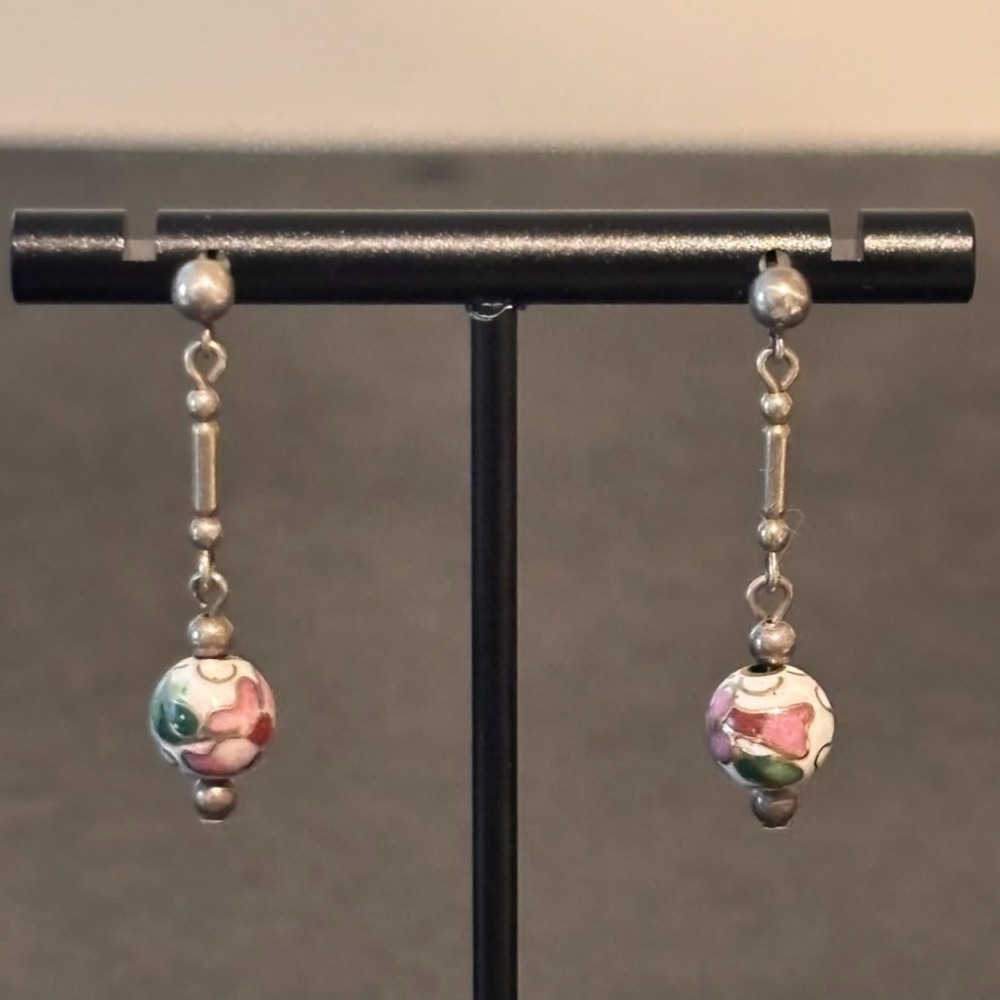 Vintage Cloisonne Pink Floral Postback Dangle Drop Sterling Silver Earrings